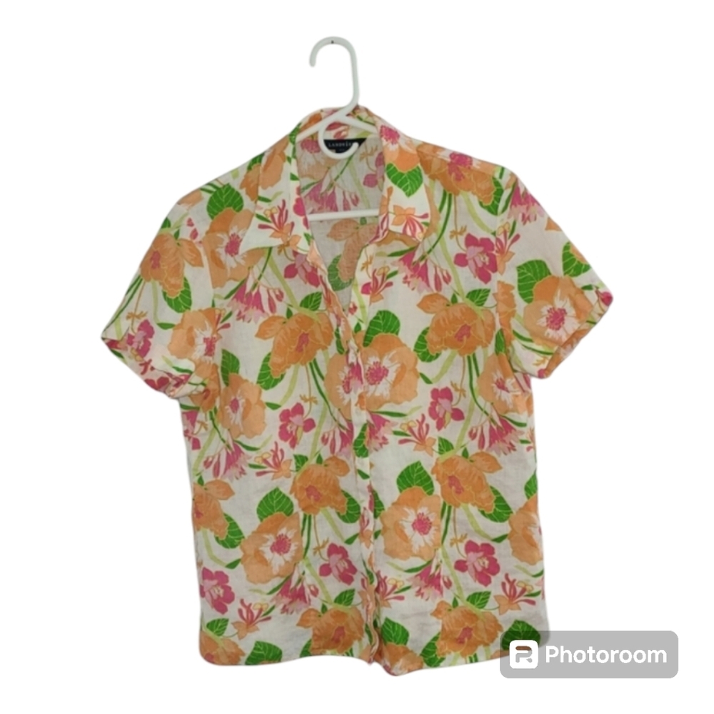 Lands End tropical Luau‎ Hawaiian shirt LEINEN Tiki vacation attire party cruise